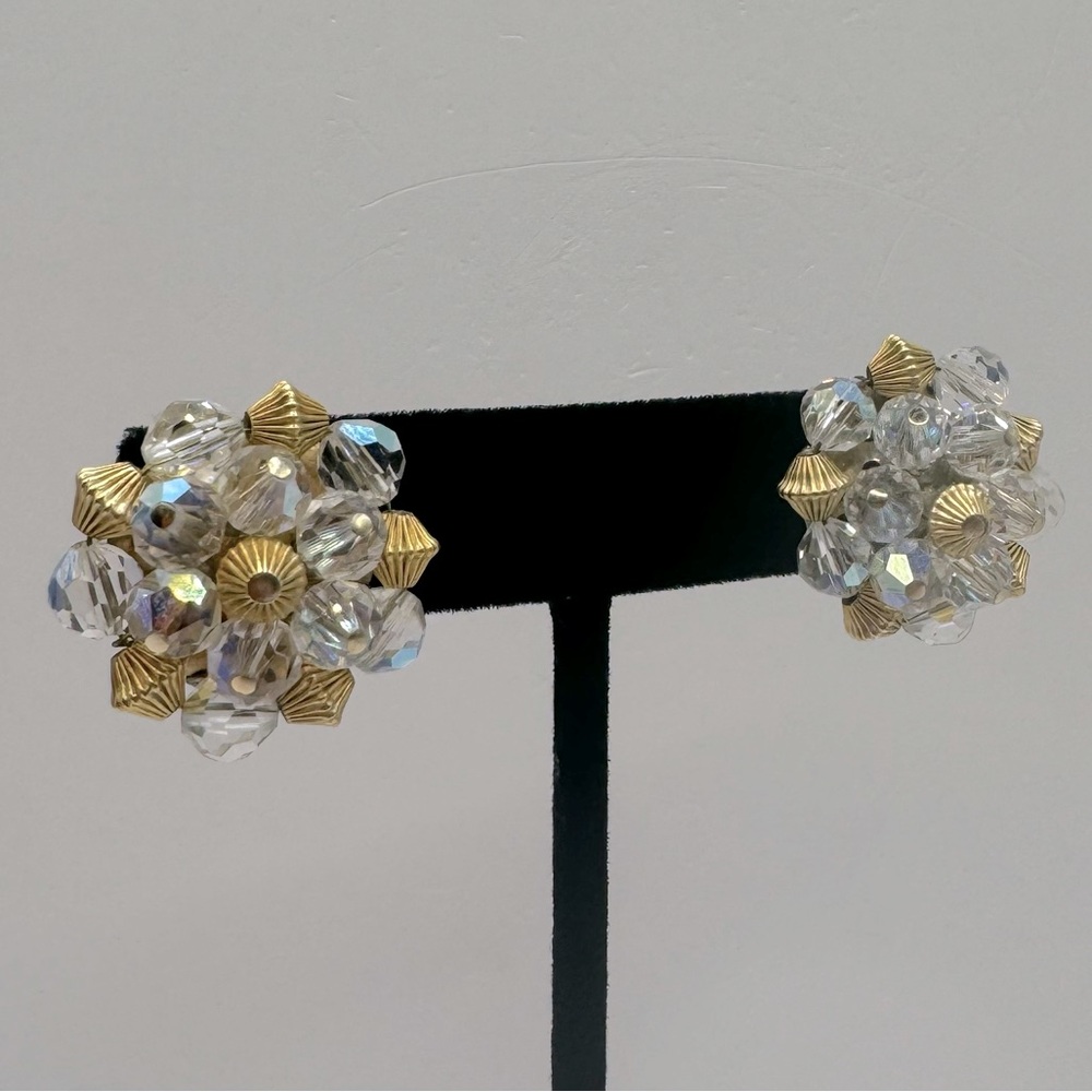 VINTAGE Gold-Tone Aurora Borealis Crystal Beaded Earrings